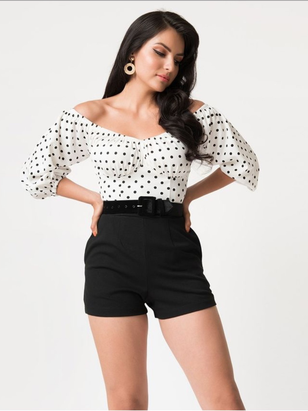 Unique Vintage x Micheline Pitt Polka Dot Off-Shoulder Playsuit